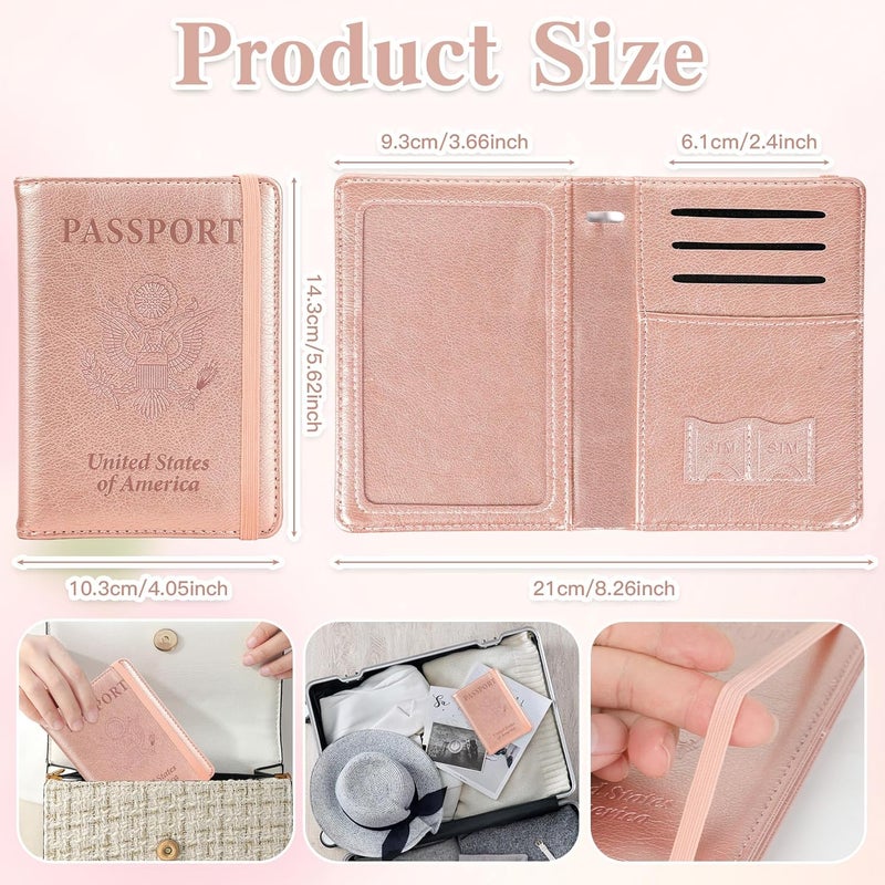 RHOttbiy Passport Holder for Travel, RFID Blocking Passport Cover with Pen Holder Leather Passport Wallet Case Travel Must Haves Accessories Passport Book Card Holder for Family Travel Essentials, Rose Gold - Image 3